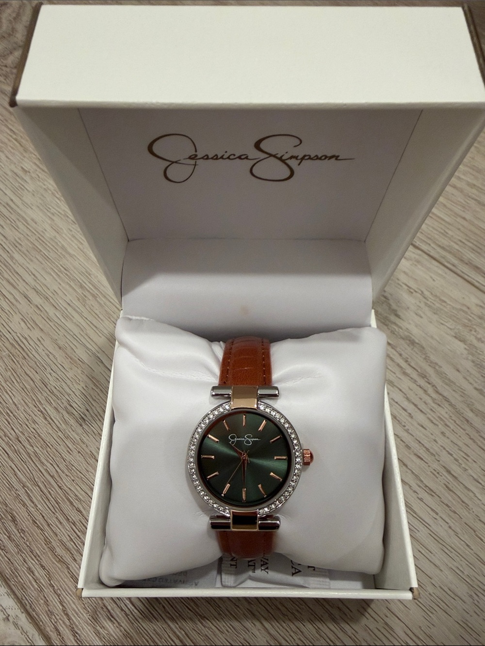 Jessica Simpson Green Dial Watch with Brown Leather Strap and Crystal Bezel